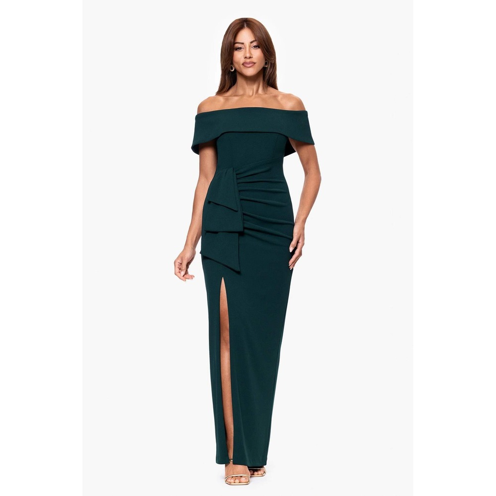 Xscape Camilla Gown Green Off Shoulder Formal Party Size 4 NWT Ruched Wedding‎